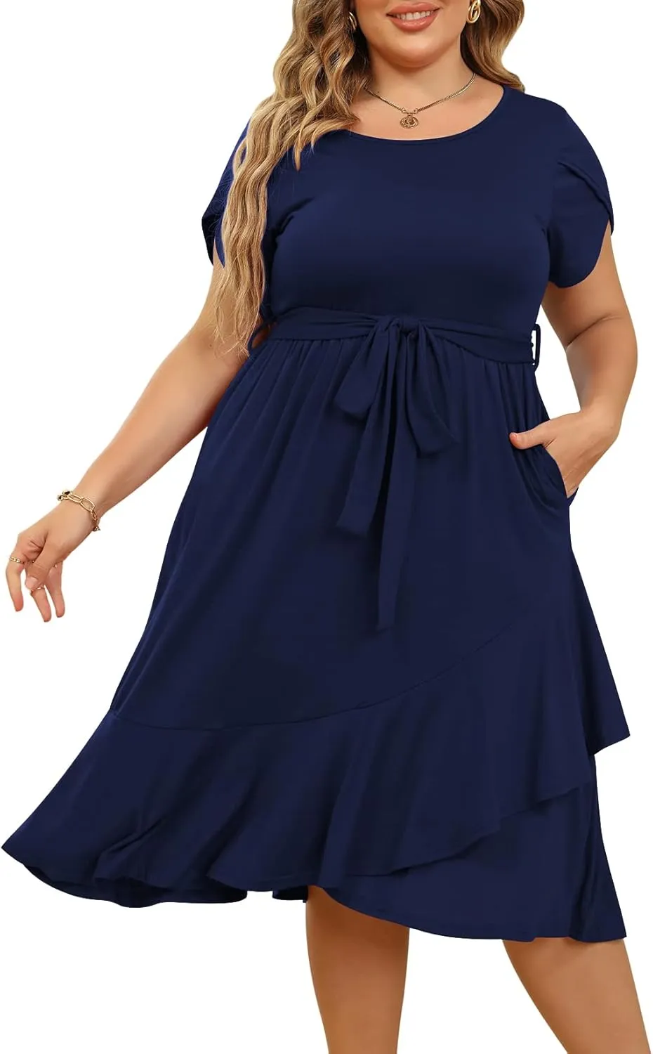 Plus Size Women Spring Empire Waist Midi Cocktail Dress Holiday Dress with Pocket Short Sleeve