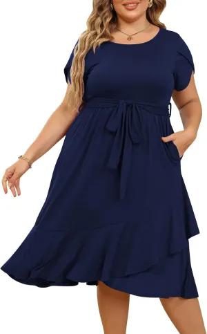 Plus Size Women Spring Empire Waist Midi Cocktail Dress Holiday Dress with Pocket Short Sleeve