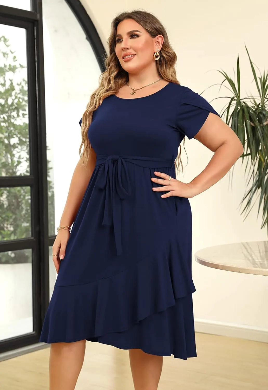 Plus Size Women Spring Empire Waist Midi Cocktail Dress Holiday Dress with Pocket Short Sleeve