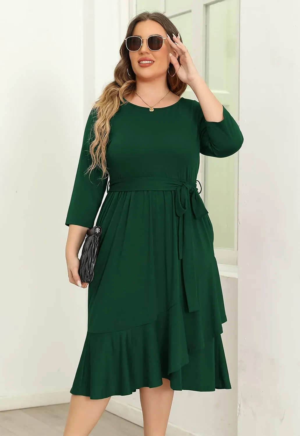 Plus Size Women Spring Empire Waist Midi Cocktail Dress Holiday Dress with Pocket Short Sleeve