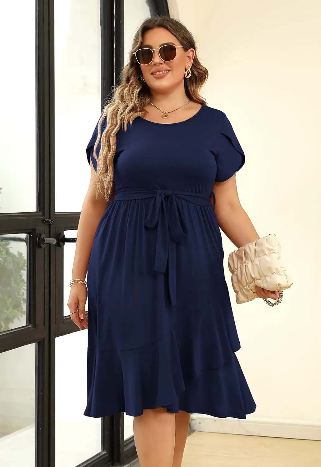 Plus Size Women Spring Empire Waist Midi Cocktail Dress Holiday Dress with Pocket Short Sleeve