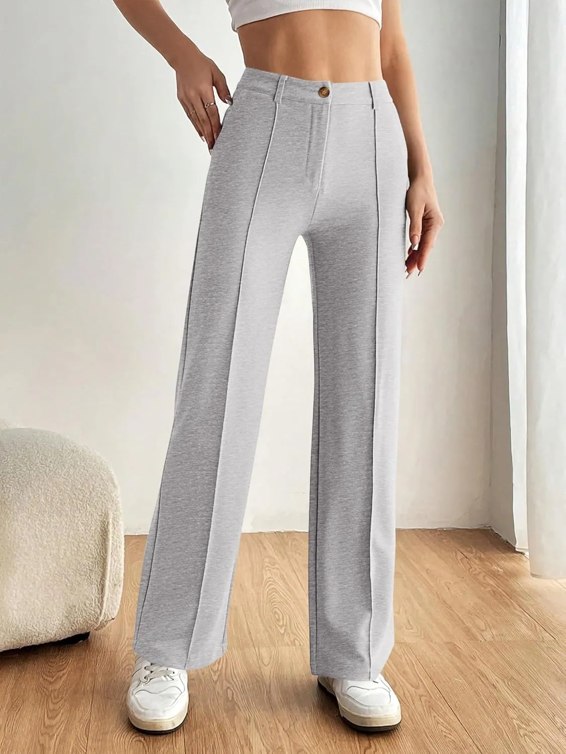 PRETTYGARDEN Straight Leg Pants Stretchy Button Business Casual Work Trousers Knit Elastic Waist Slacks