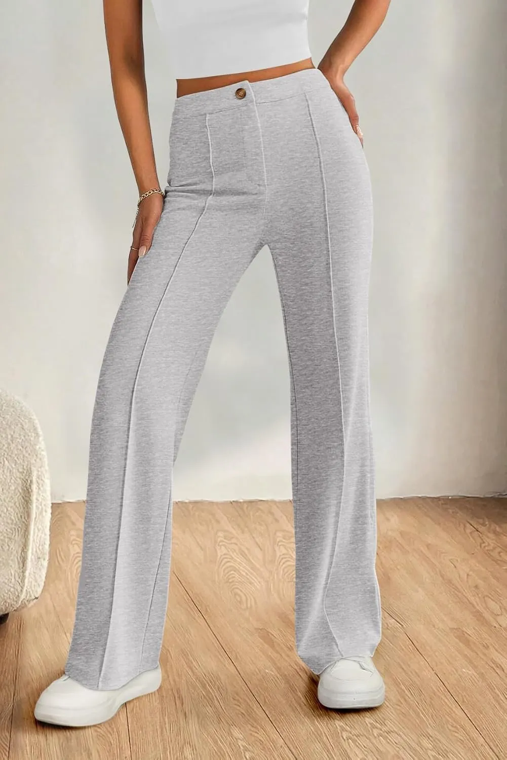 PRETTYGARDEN Straight Leg Pants Stretchy Button Business Casual Work Trousers Knit Elastic Waist Slacks