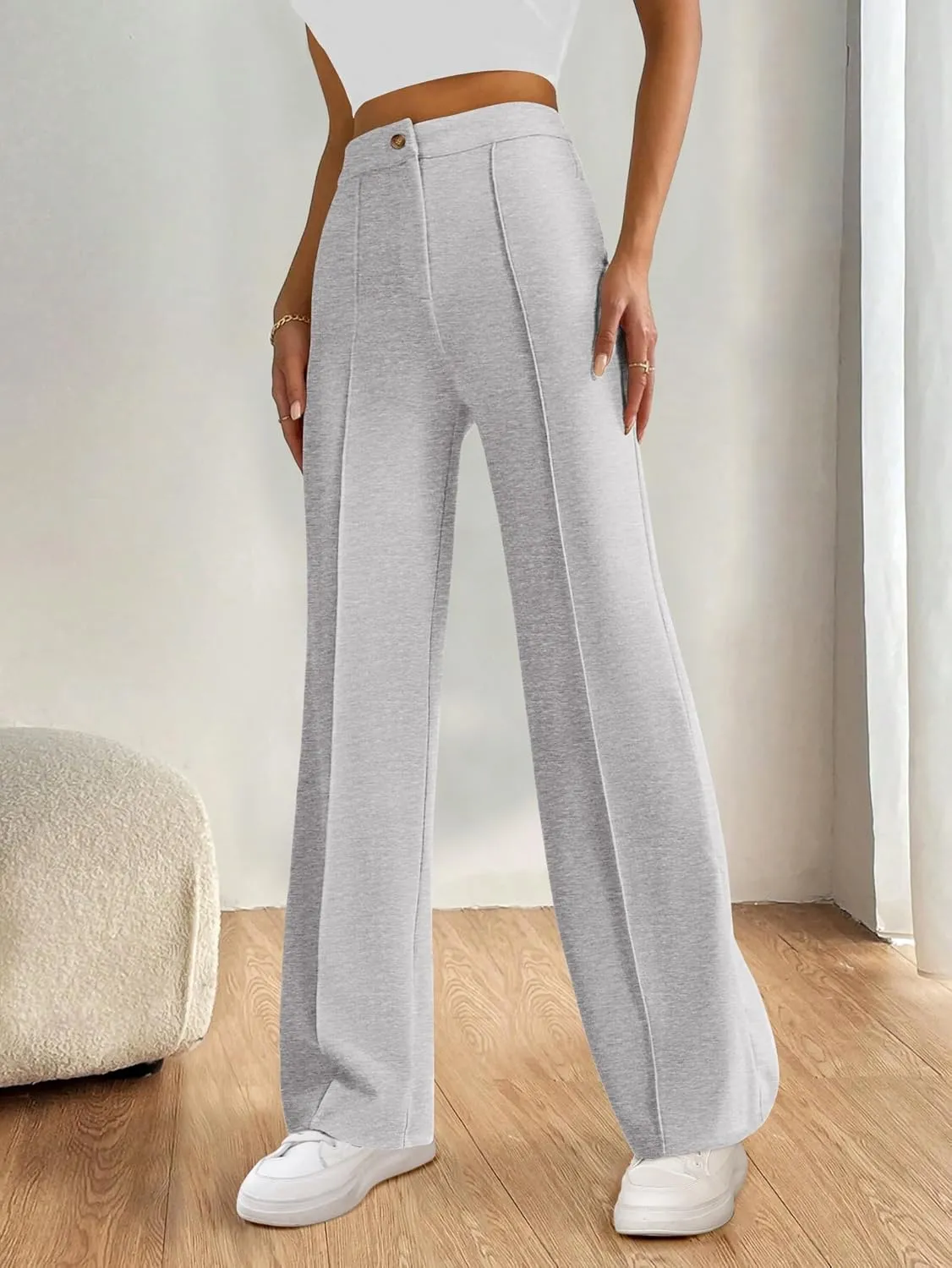 PRETTYGARDEN Straight Leg Pants Stretchy Button Business Casual Work Trousers Knit Elastic Waist Slacks