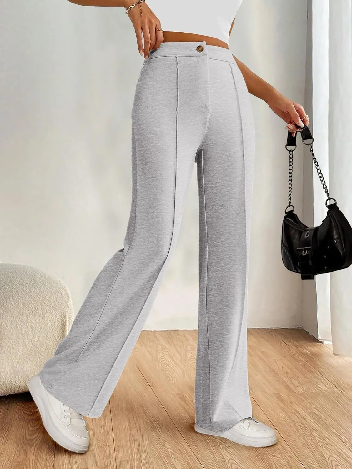 PRETTYGARDEN Straight Leg Pants Stretchy Button Business Casual Work Trousers Knit Elastic Waist Slacks