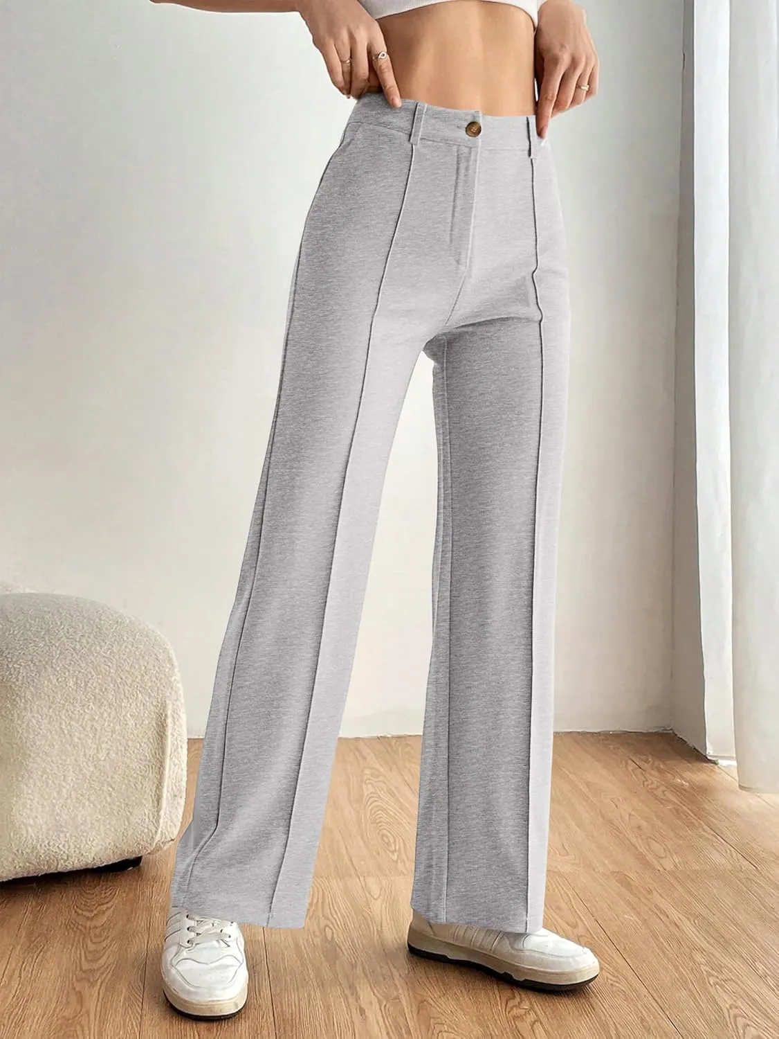 PRETTYGARDEN Straight Leg Pants Stretchy Button Business Casual Work Trousers Knit Elastic Waist Slacks