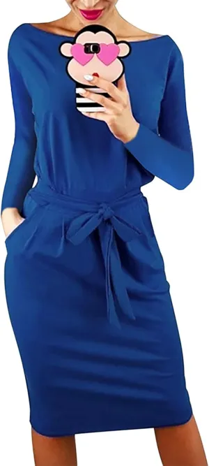 PRETTYGARDEN Women's Fall Bodycon Party Dress Casual Long Sleeve Tie Waist Fitted Sheath Pencil Dresses with Pockets