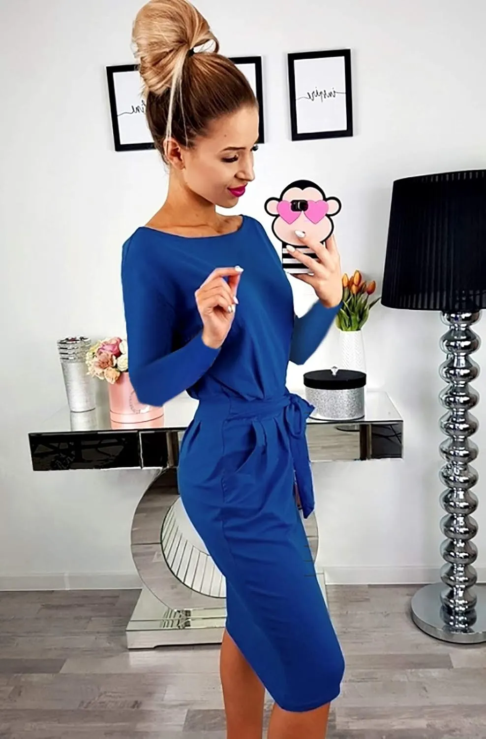 PRETTYGARDEN Women's Fall Bodycon Party Dress Casual Long Sleeve Tie Waist Fitted Sheath Pencil Dresses with Pockets