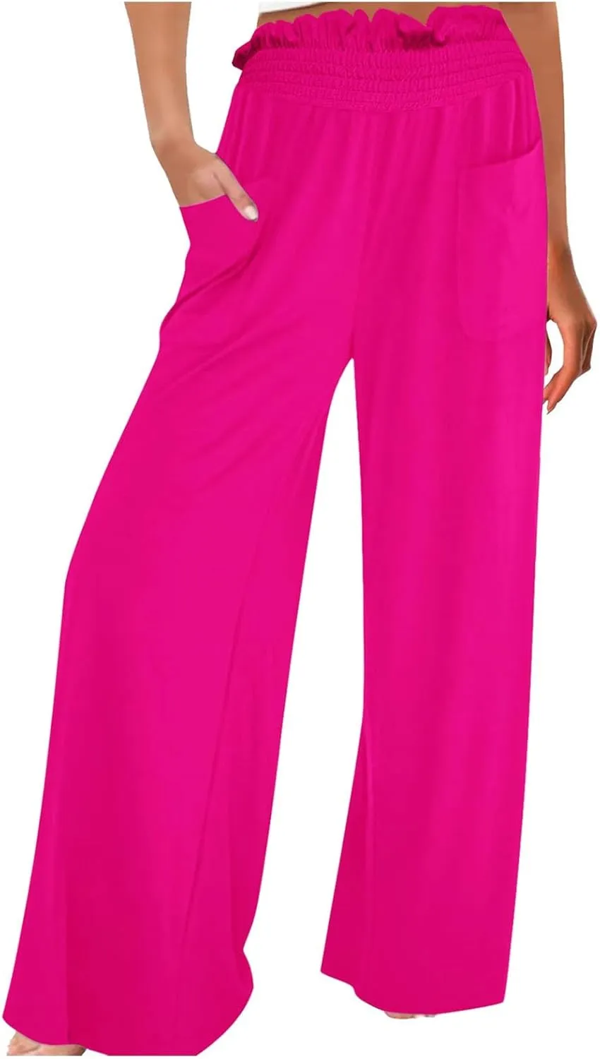 PTOLOCIF Palazzo Pants for Women,Drawstring High Waist Palazzo Pants Wide Leg Cotton Pants Summer Beach Loose Trousers