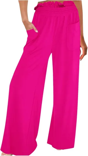 PTOLOCIF Palazzo Pants for Women,Drawstring High Waist Palazzo Pants Wide Leg Cotton Pants Summer Beach Loose Trousers