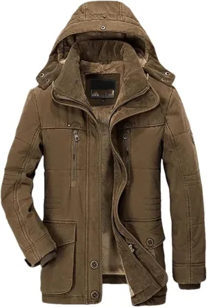 Pulcykp Men Casual Cotton Hat Jacket Parkas Outdoor Trench Padded Coats Winter Warm Fleece Detachable Parkas