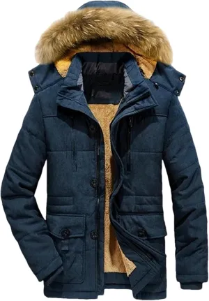Pulcykp Men Casual Cotton Hat Jacket Parkas Outdoor Trench Padded Coats Winter Warm Fleece Detachable Parkas