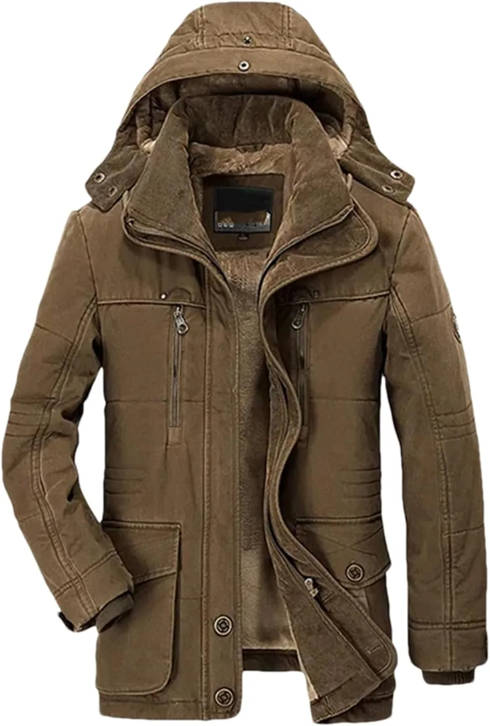 Pulcykp Men Casual Cotton Hat Jacket Parkas Outdoor Trench Padded Coats Winter Warm Fleece Detachable Parkas