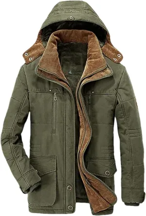 Pulcykp Men Casual Cotton Hat Jacket Parkas Outdoor Trench Padded Coats Winter Warm Fleece Detachable Parkas