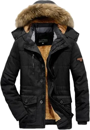 Pulcykp Men Casual Cotton Hat Jacket Parkas Outdoor Trench Padded Coats Winter Warm Fleece Detachable Parkas