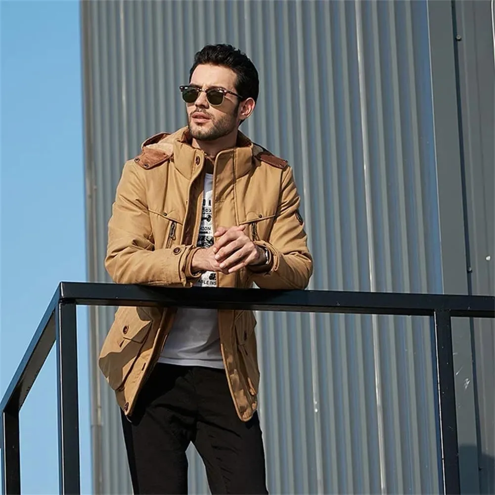 Pulcykp Men Casual Cotton Hat Jacket Parkas Outdoor Trench Padded Coats Winter Warm Fleece Detachable Parkas