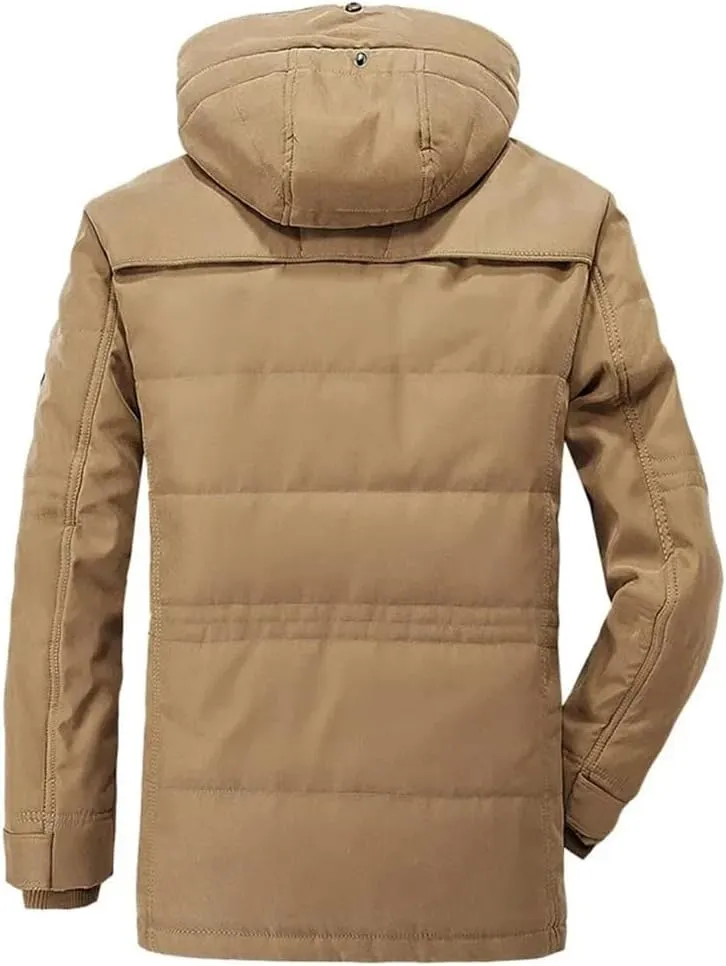 Pulcykp Men Casual Cotton Hat Jacket Parkas Outdoor Trench Padded Coats Winter Warm Fleece Detachable Parkas