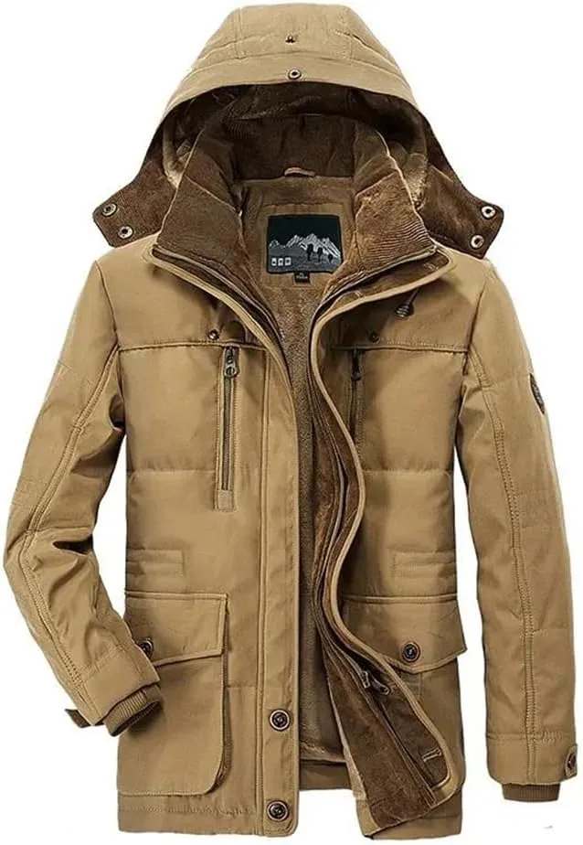 Pulcykp Men Casual Cotton Hat Jacket Parkas Outdoor Trench Padded Coats Winter Warm Fleece Detachable Parkas