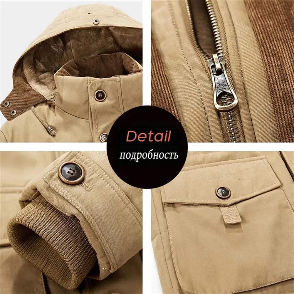 Pulcykp Men Casual Cotton Hat Jacket Parkas Outdoor Trench Padded Coats Winter Warm Fleece Detachable Parkas
