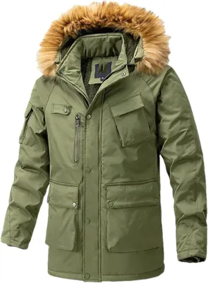 Pulcykp Men Cotton-Padded Jacket Coat Winter Thicken Fleece Parkas Windbreaker