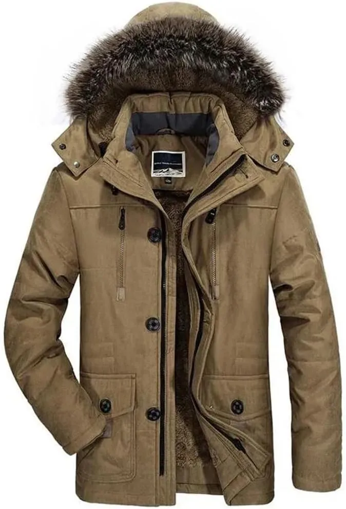 Pulcykp Men Thick Cotton Padded Warm Parka Coat Winter Casual Hooded Fleece Long Windbreaker Jackets