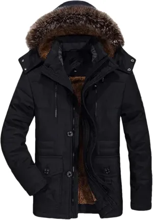 Pulcykp Men Thick Cotton Padded Warm Parka Coat Winter Casual Hooded Fleece Long Windbreaker Jackets