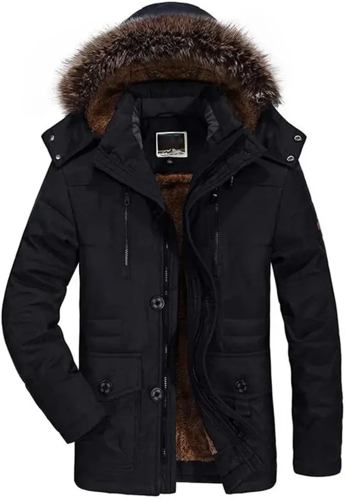 Pulcykp Men Thick Cotton Padded Warm Parka Coat Winter Casual Hooded Fleece Long Windbreaker Jackets