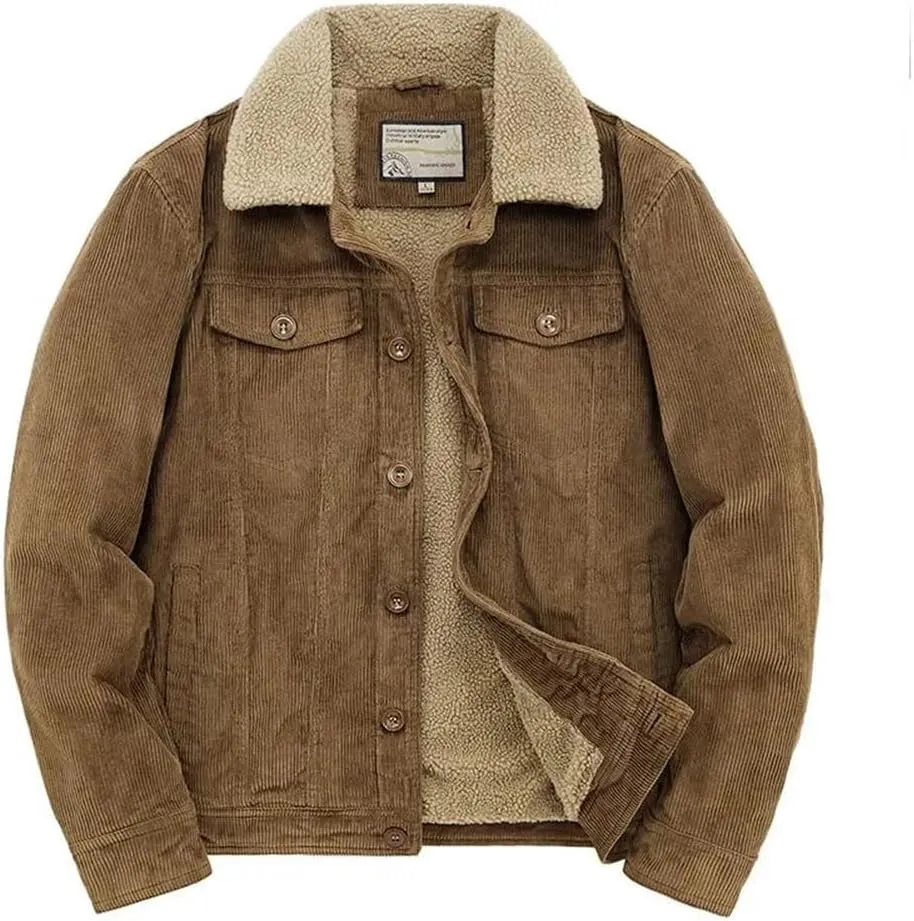 Pulcykp Men's Casual Warm Cotton Padded Loose Parka Coat Winter Corduroy Solid Zip Windbreaker Jackets
