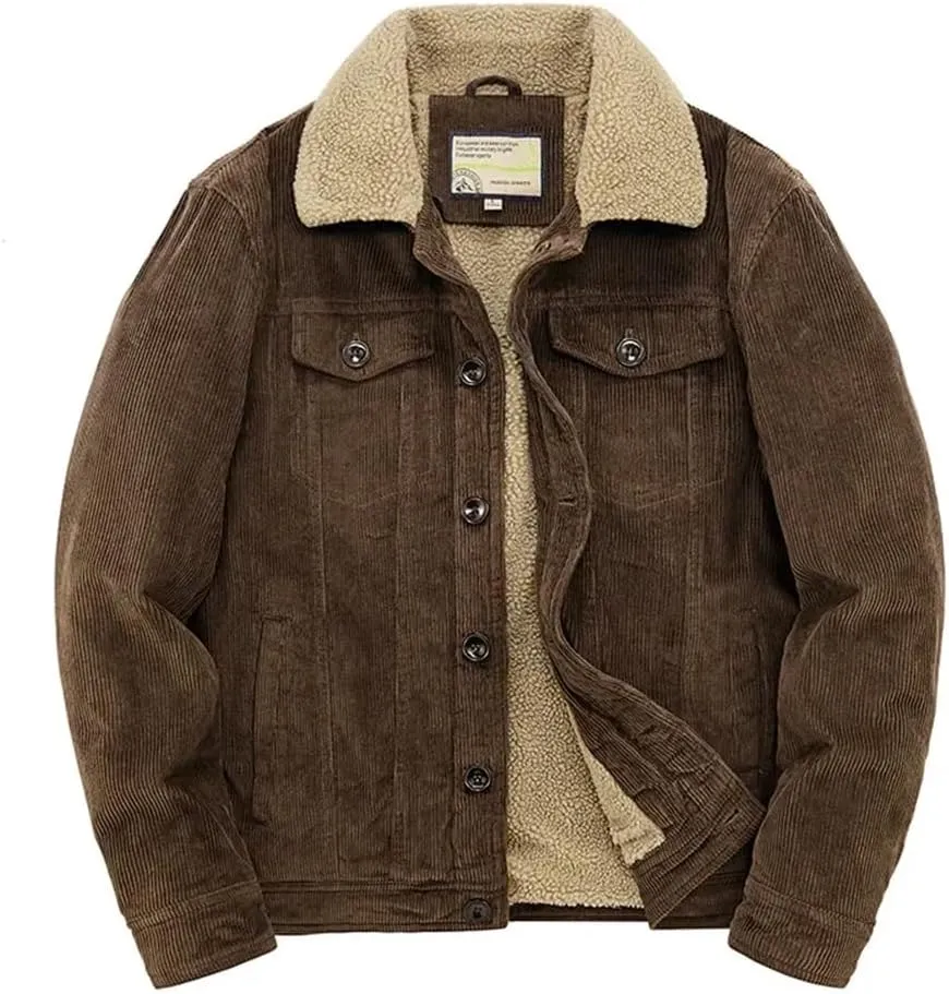 Pulcykp Men's Casual Warm Cotton Padded Loose Parka Coat Winter Corduroy Solid Zip Windbreaker Jackets
