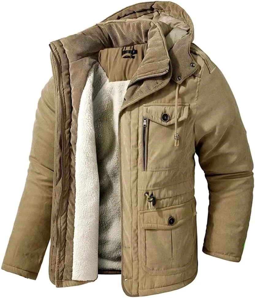 Pulcykp Men's Thicken Fleece Hooded Coats Outdoor Military Warm Winter Jacket Parkas Cotton-Padded Windbreaker