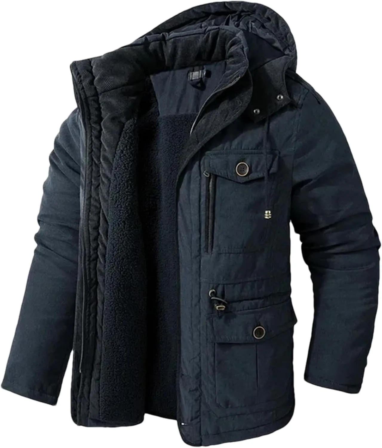 Pulcykp Men's Thicken Fleece Hooded Coats Outdoor Military Warm Winter Jacket Parkas Cotton-Padded Windbreaker