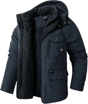Pulcykp Men's Thicken Fleece Hooded Coats Outdoor Military Warm Winter Jacket Parkas Cotton-Padded Windbreaker