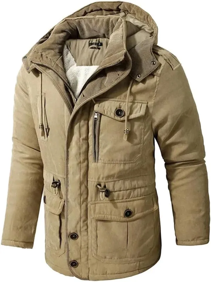 Pulcykp Winter Warm Hooded Parka Windbreaker Slim Fit Cotton Padded Thick Coat Casual Fleece Jackets Parkas