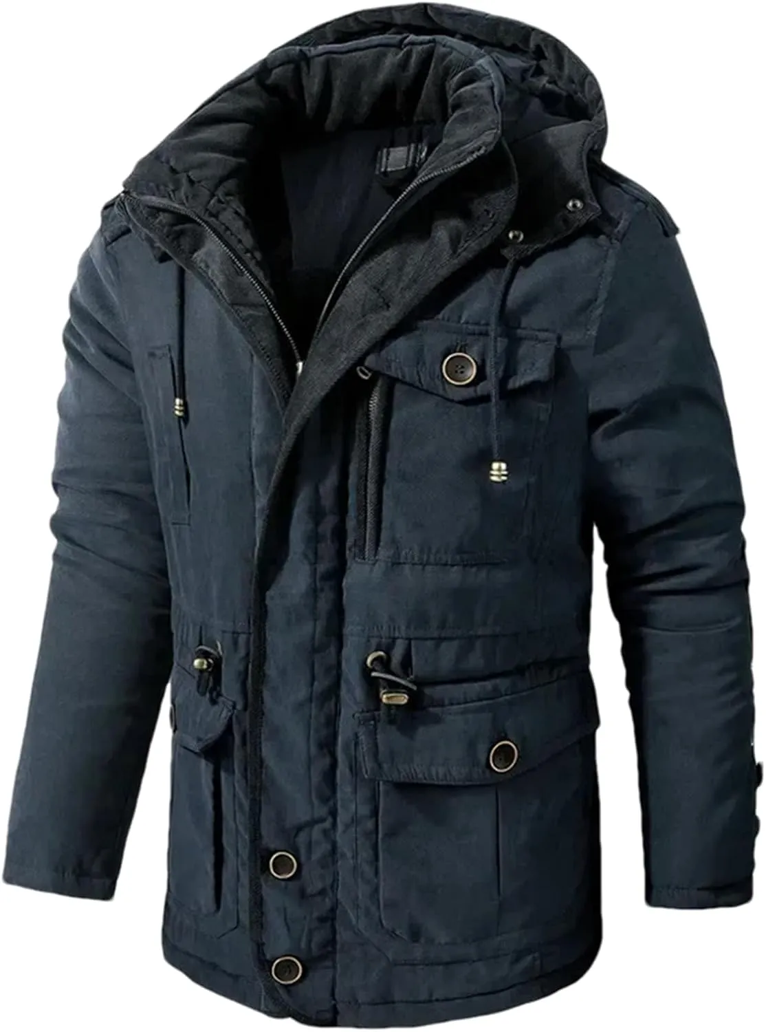 Pulcykp Winter Warm Hooded Parka Windbreaker Slim Fit Cotton Padded Thick Coat Casual Fleece Jackets Parkas