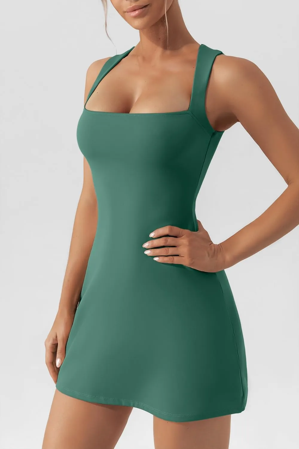 QINSEN Women's Square Neck Bodice Dress Sleeveless Tank Top Stretch Flare Mini Dresses
