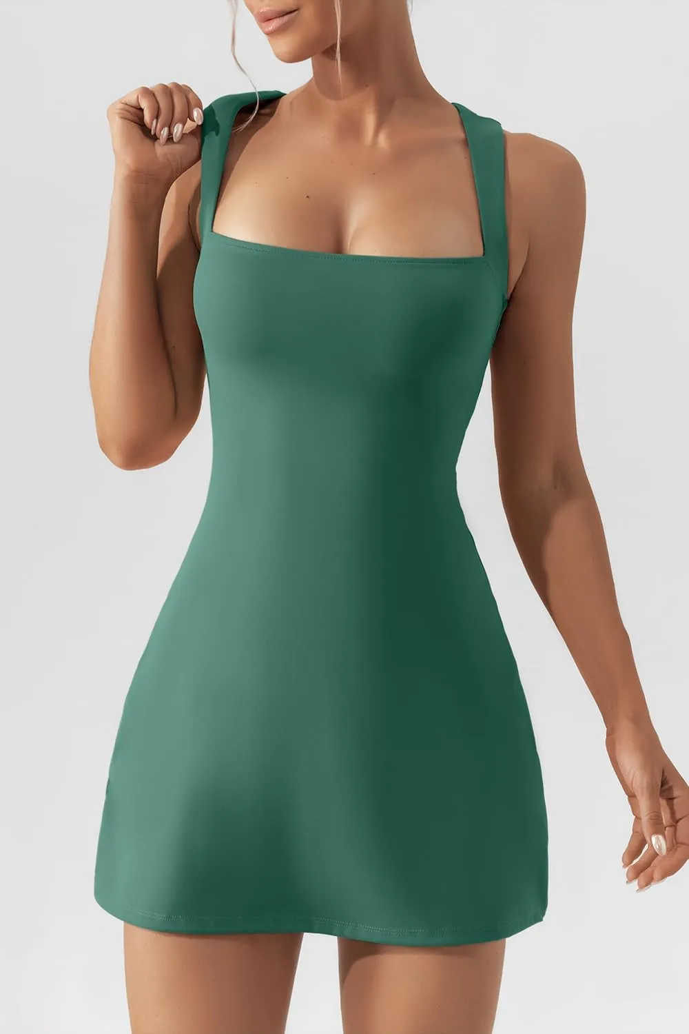 QINSEN Women's Square Neck Bodice Dress Sleeveless Tank Top Stretch Flare Mini Dresses