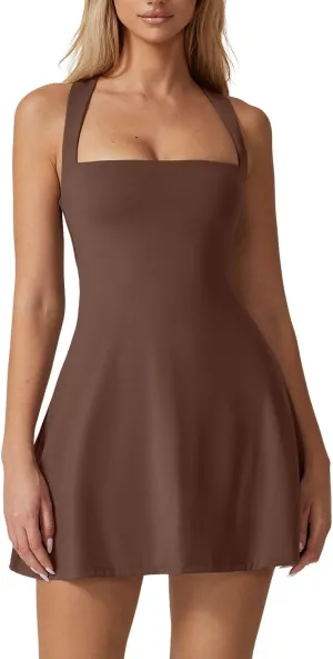 QINSEN Womens Square Neck Tennis Dress Sleeveless Built in Shorts Golf Athletic Dress with Pockets
