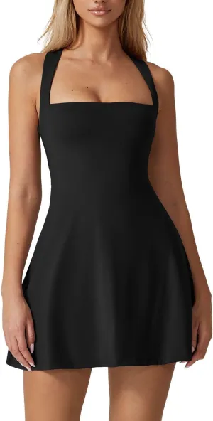 QINSEN Womens Square Neck Tennis Dress Sleeveless Built in Shorts Golf Athletic Dress with Pockets