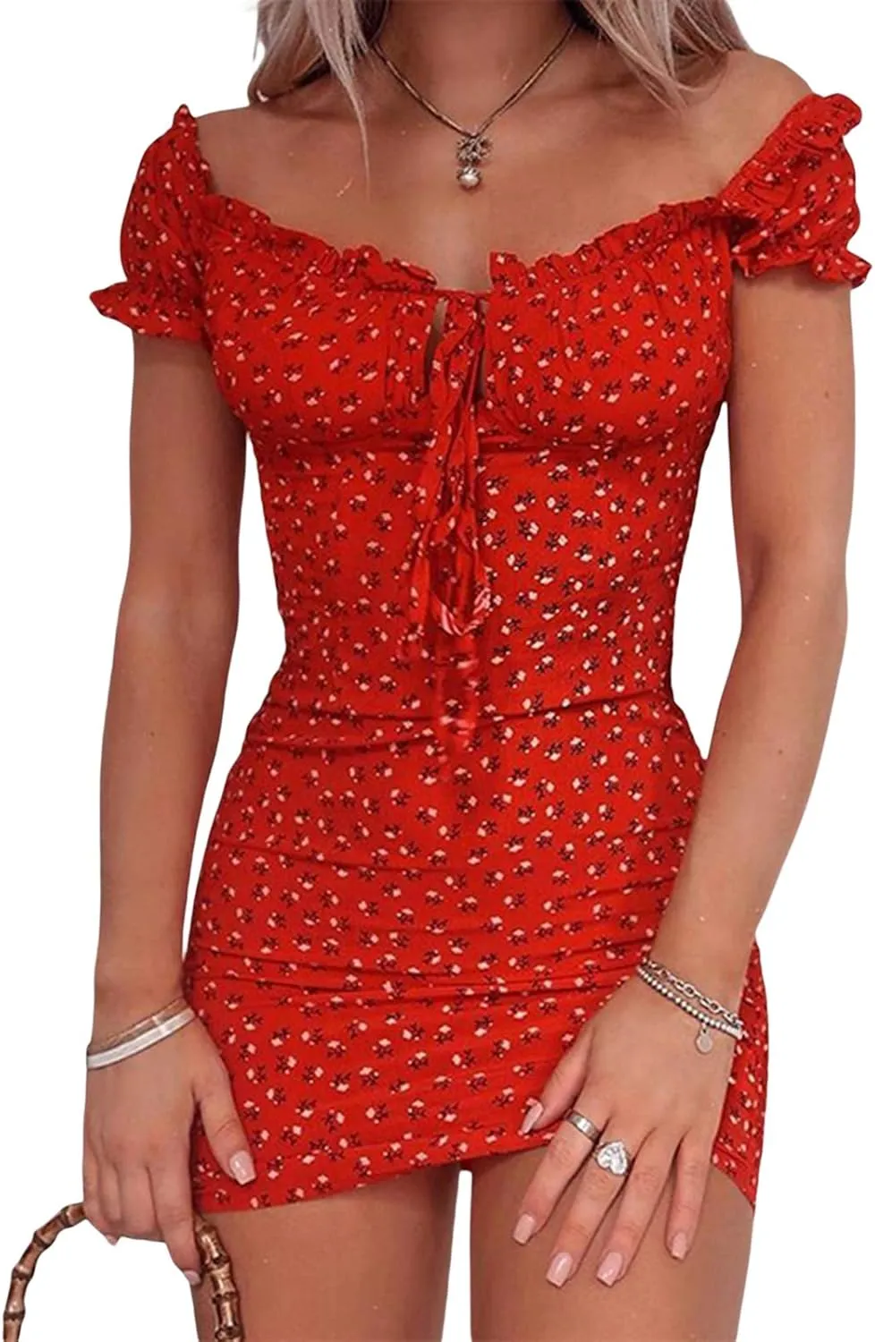 QULSE Women Floral Mini Dress Ruffle Short Sleeve Tie Front Bodycon Dress Sexy Wrap Pencil Dress for Party Club (as1, Alpha, m, Regular, Regular, Red)