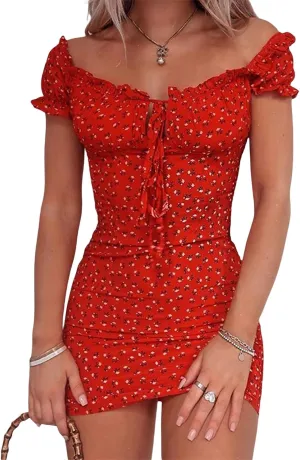 QULSE Women Floral Mini Dress Ruffle Short Sleeve Tie Front Bodycon Dress Sexy Wrap Pencil Dress for Party Club (as1, Alpha, m, Regular, Regular, Red)