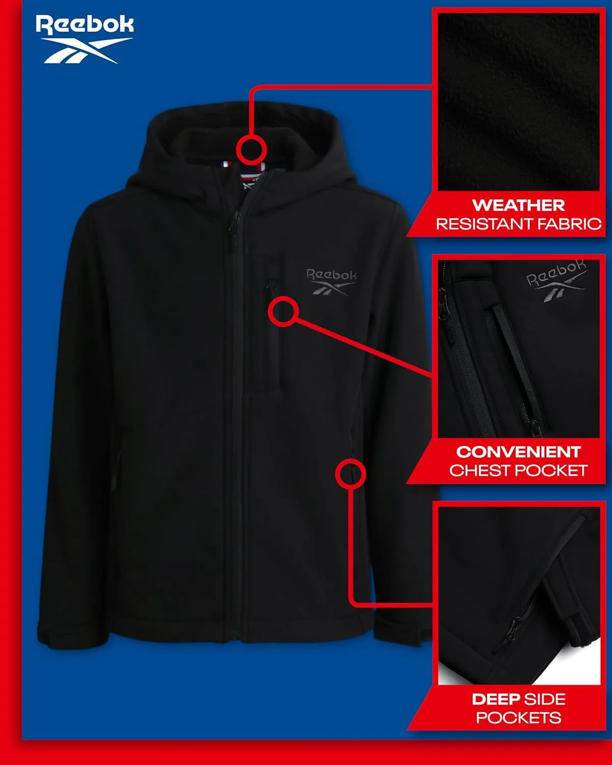 Reebok Boys' Jacket - Youth Lightweight Weather Resistant Softshell Coat - Kids' Outerwear Windbreaker Coat for Boys (8-20)