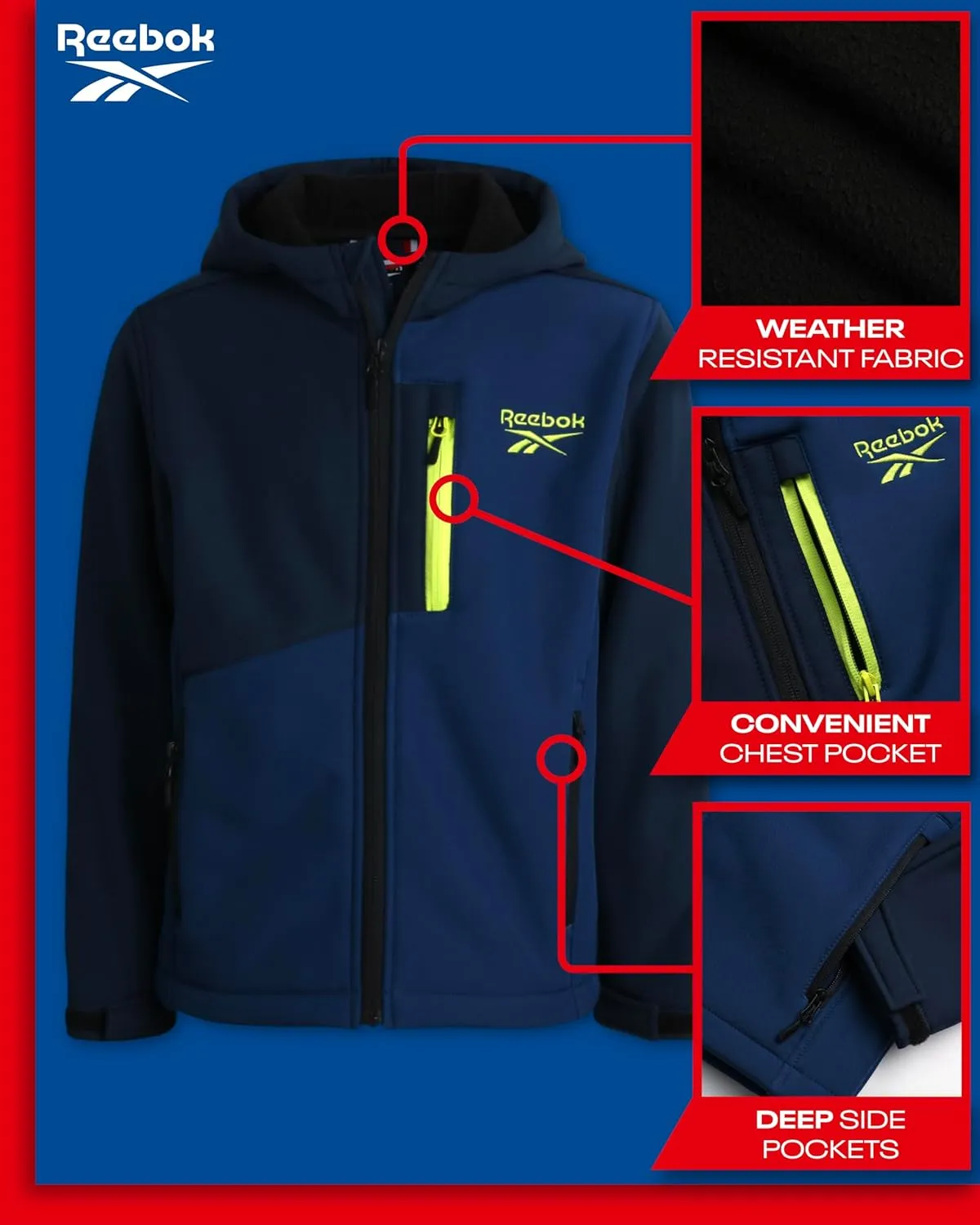 Reebok Boys' Jacket - Youth Lightweight Weather Resistant Softshell Coat - Kids' Outerwear Windbreaker Coat for Boys (8-20)