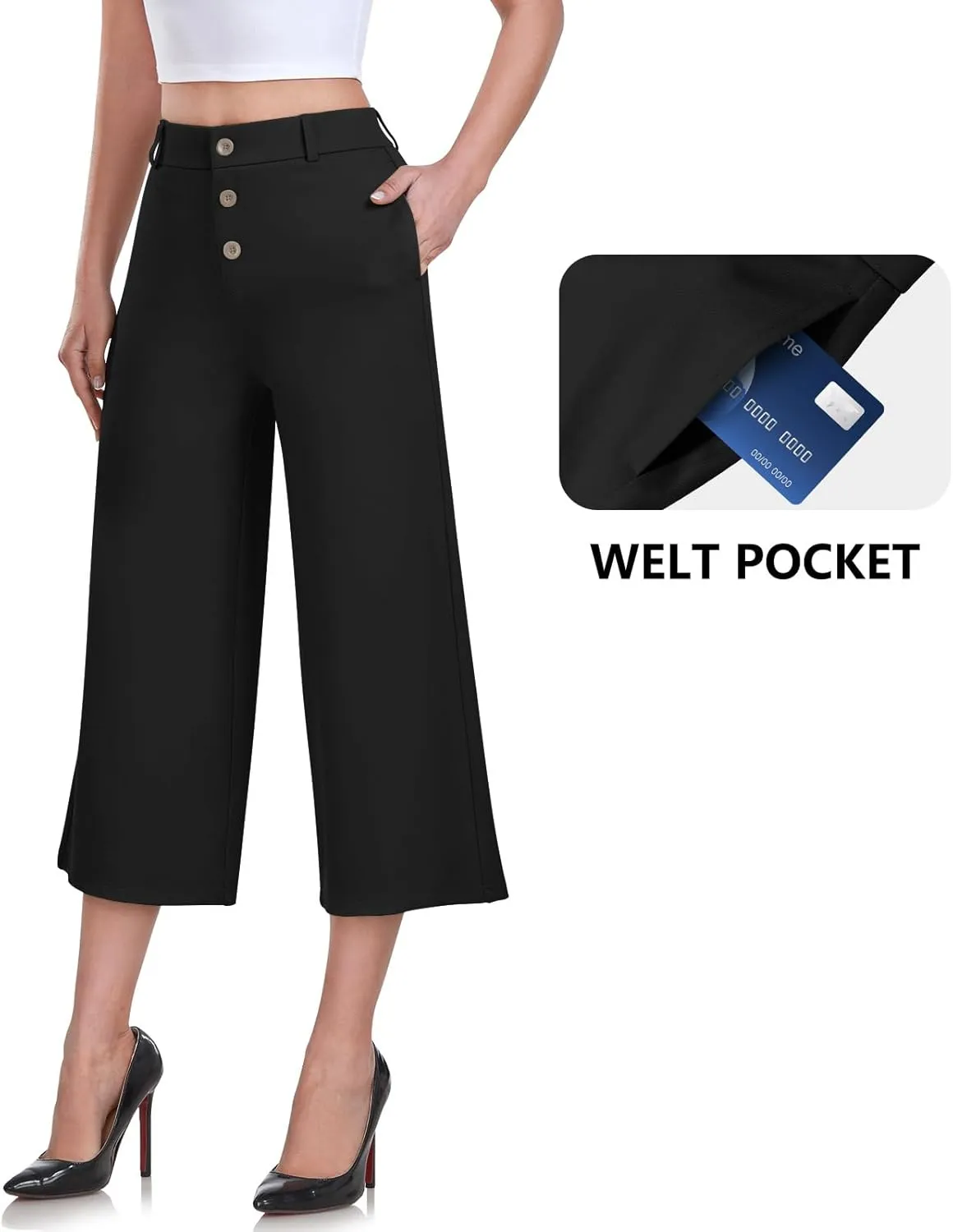 RIMLESS 7 Wide Leg Pants for Women Fashion Twill Cropped Trousers Business Casual Dress Pants Stretch Capris Work Slacks