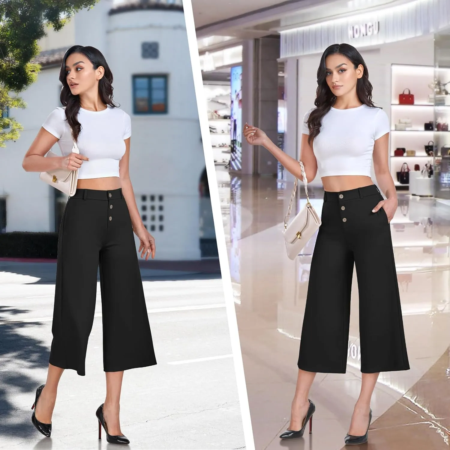 RIMLESS 7 Wide Leg Pants for Women Fashion Twill Cropped Trousers Business Casual Dress Pants Stretch Capris Work Slacks