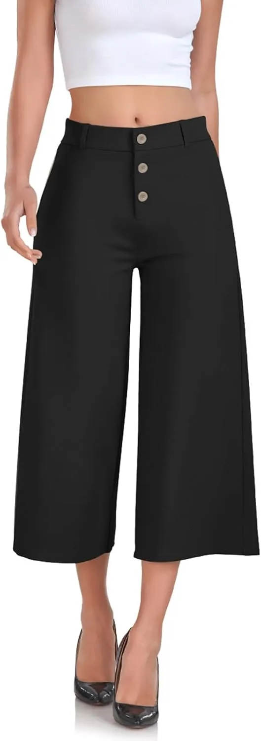 RIMLESS 7 Wide Leg Pants for Women Fashion Twill Cropped Trousers Business Casual Dress Pants Stretch Capris Work Slacks
