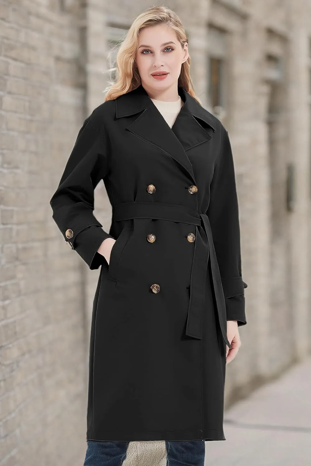 RISISSIDA Women Trench Coats, Water Resistant Double Breasted Long Jacket Belted