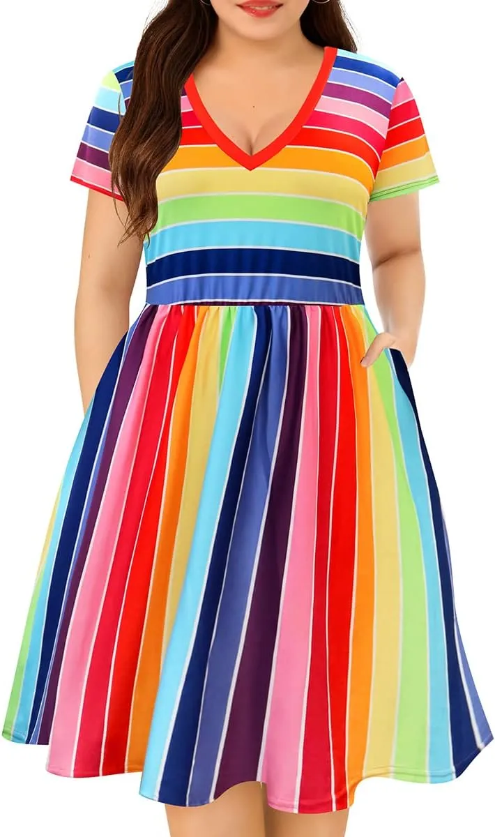 RITERA Plus Size Dresses for Curvy Women Summer Spring Womens Dress V Neck Short Sleeve Casual Dress with Pockets XL-5XL