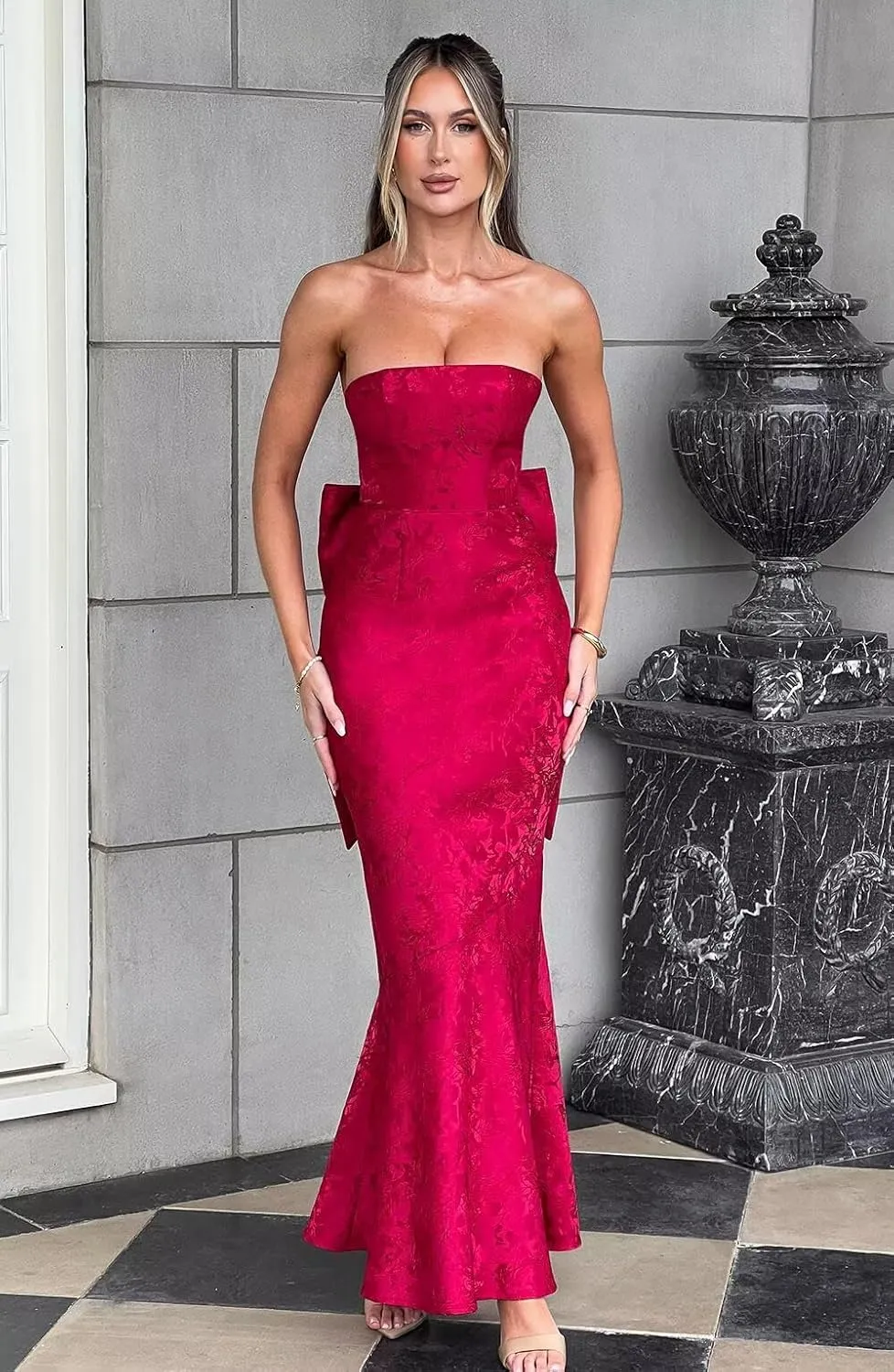 RSOETOO Prom Dresses 2025 Floral Print Long Satin Tight Cocktail Party Gowns for Teens Formal Dresses RO204