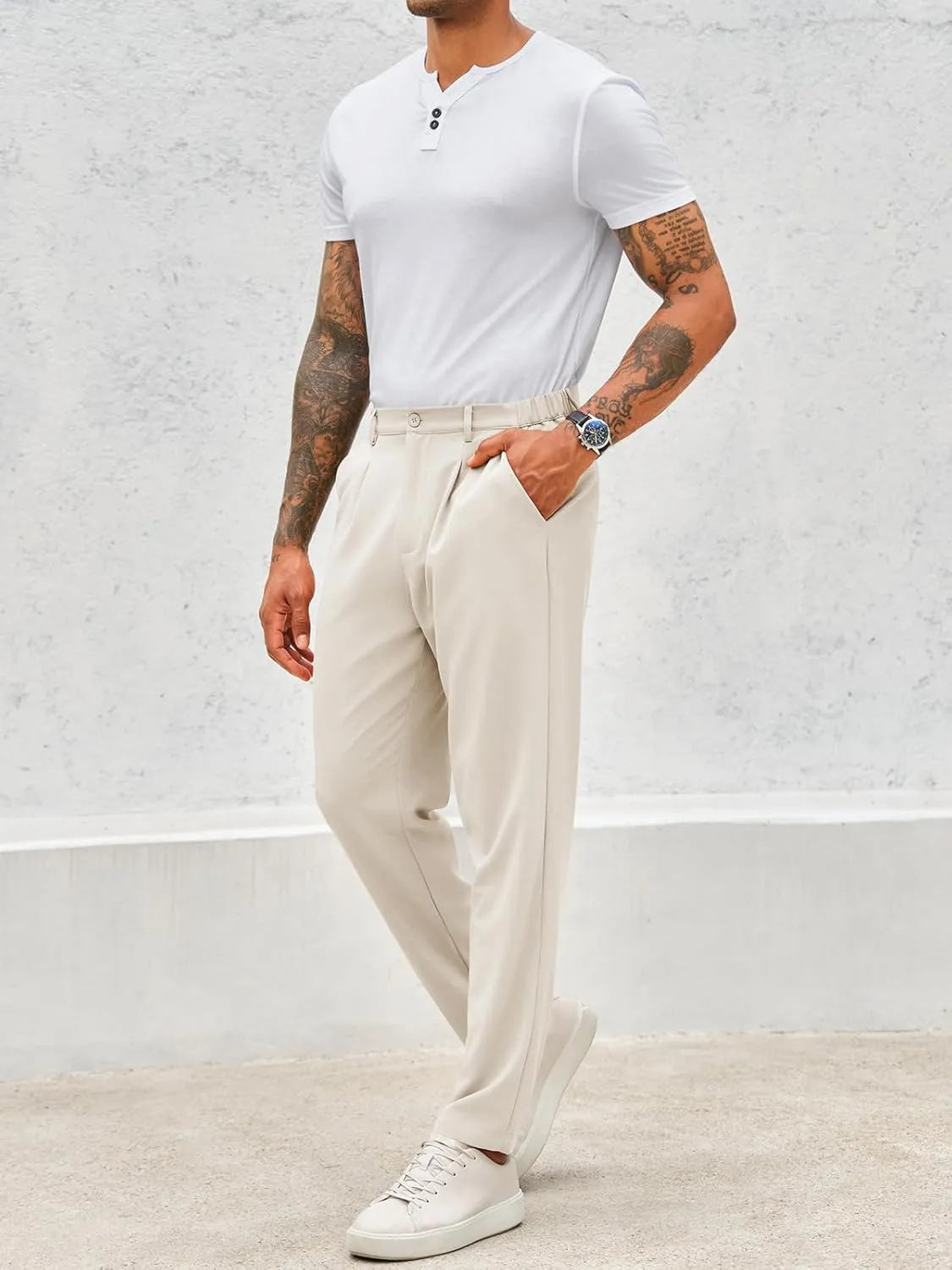Runcati Mens Slim Fit Dress Pants Business Casual Golf Chino Pants Stretch Pleated Slacks
