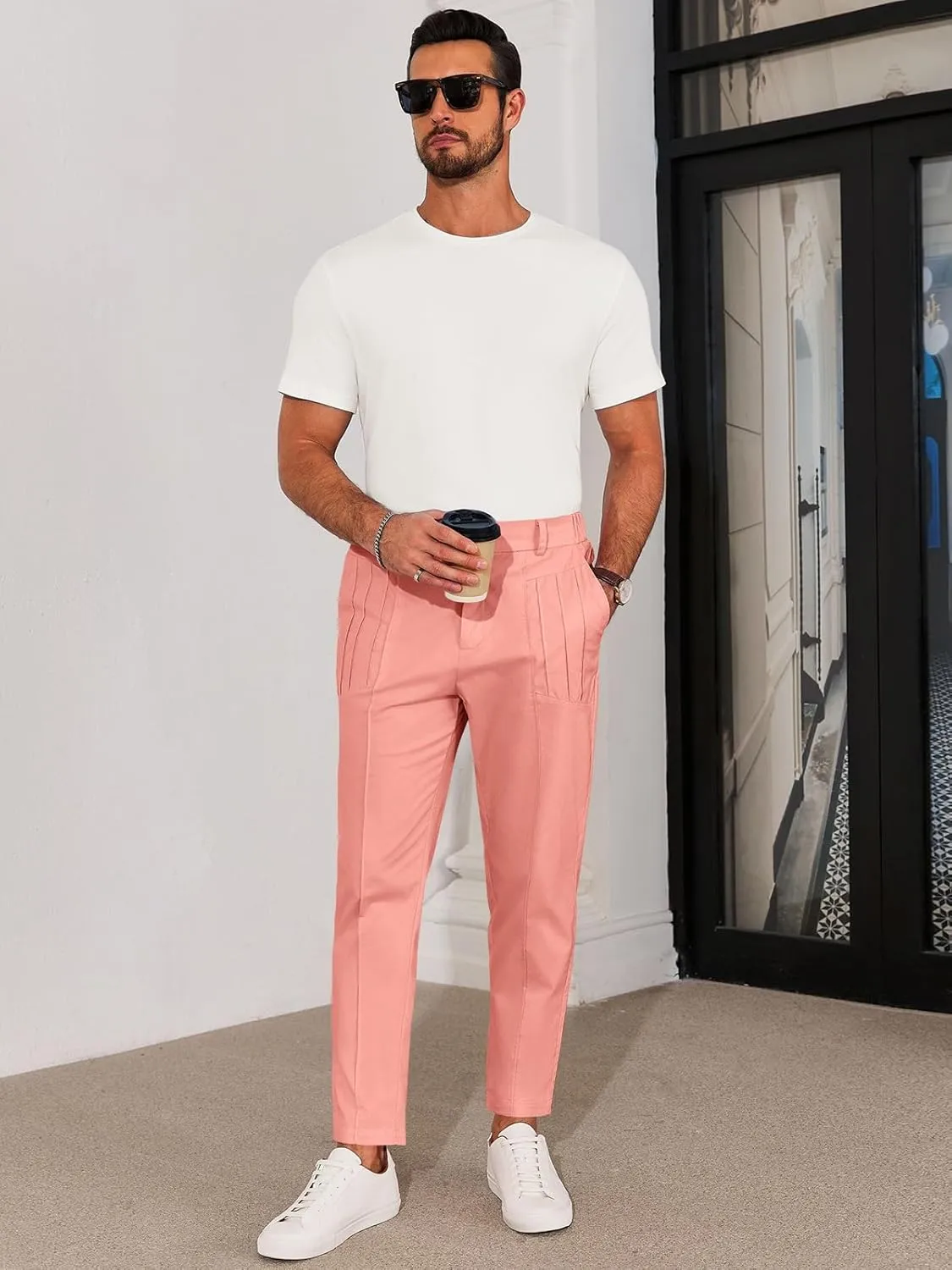 Runcati Mens Slim Fit Dress Pants Chino Casual Elastic Waist Slacks Trousers Skinny Stretch Suit Pants
